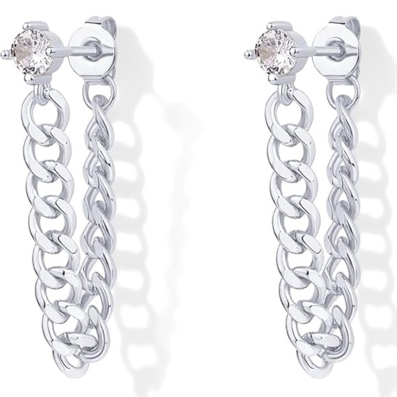 Boutique Jewelry - Solitaire Curb Chain Drop Earrings | White Gold Filled‎